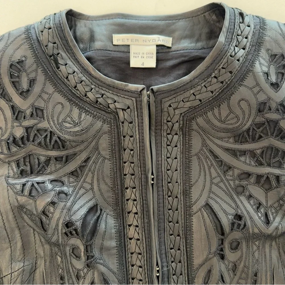 Peter Nygård Black Embroidered Lamb Leather Jacket Size 4 - Picture 3 of 9